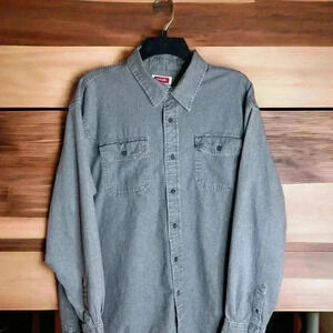 Wrangler Comfort Flex Button Front Long Sleeve Men Gray Cotton Stretch S…